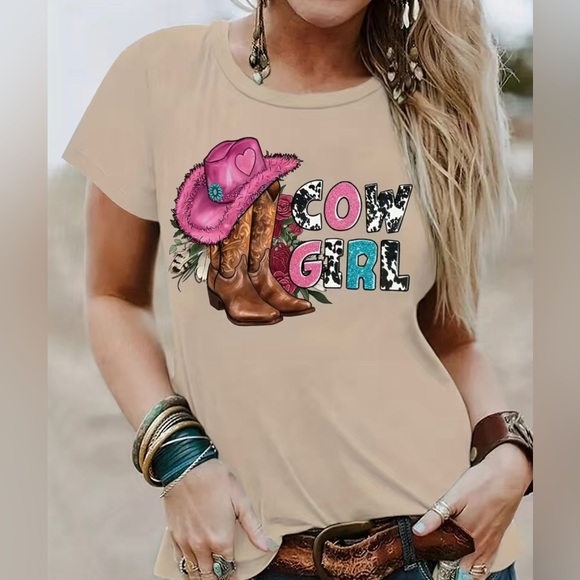 Tasha’s Boutique Tops - Cowgirl Print T-Shirt, Short Sleeve Crew Neck Casual Top For